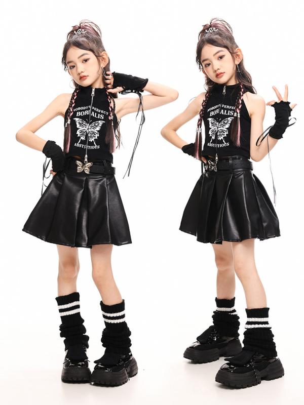 ダンス 衣装 女の子 キッズ ジュニア 韓国ファッション ショート丈 クロップドトップス フェイクレザースカート ストリート ジャズ ヒップホップ 発表会 イベント パフォーマンス 練習着 春夏 ポリエステル