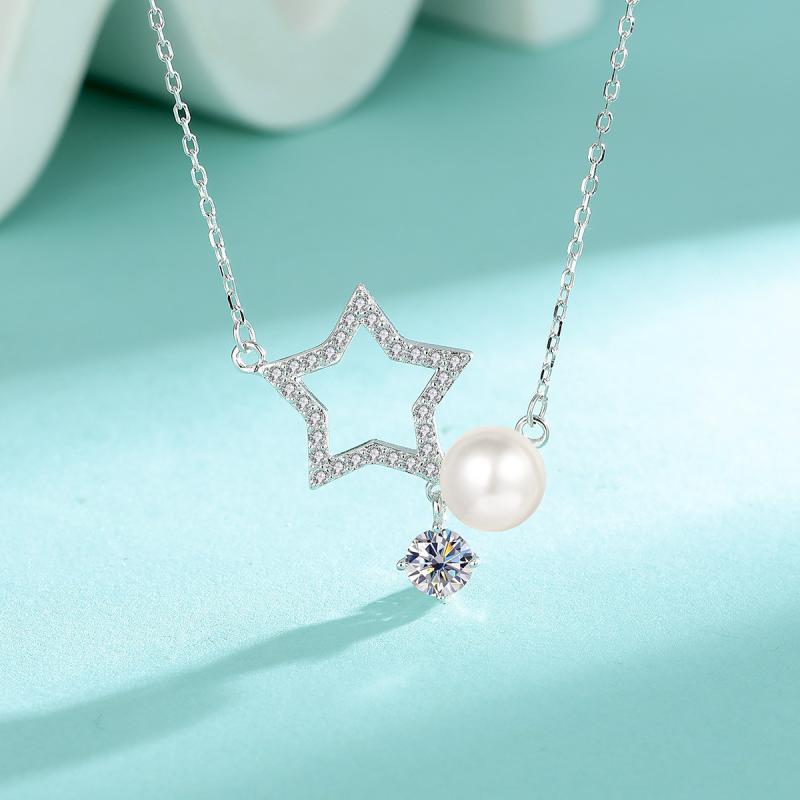 ネックレス レディース S925純銀 スターリングシルバー モアサナイト パール 星 シンプル 鎖骨チェーン 上品 高級感 電気メッキ加工 通勤 オフィス 普段使い