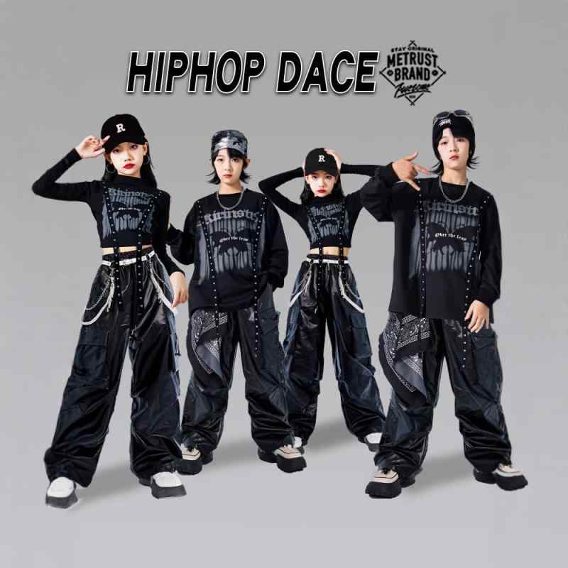 キッズ ダンス 衣装 男の子 女の子 ヒップホップ ストリート ジャズ 発表会 ステージ イベント セットアップ 上下セット 光沢 エナメル調 レザー風 トップス 長ズボン クール かっこいい