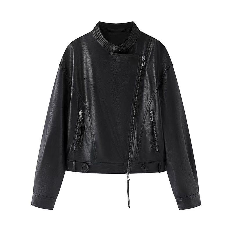 レザージャケット レディース 女性用 高級感 ブラック レトロデザイン スタンドカラー ジップ アシンメトリー ショート丈 アウター 春秋