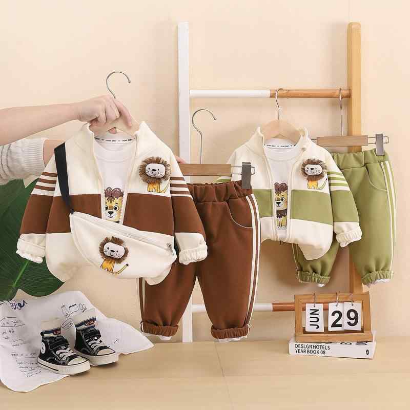 キッズ セットアップ 男の子 春秋 立体ライオンモチーフ スタンドネック 長袖トップス ロングパンツ 3点セット カジュアル 普段着 リラックスウェア 綿 コットン 柔らかい 肌触り ブラウン グリーン