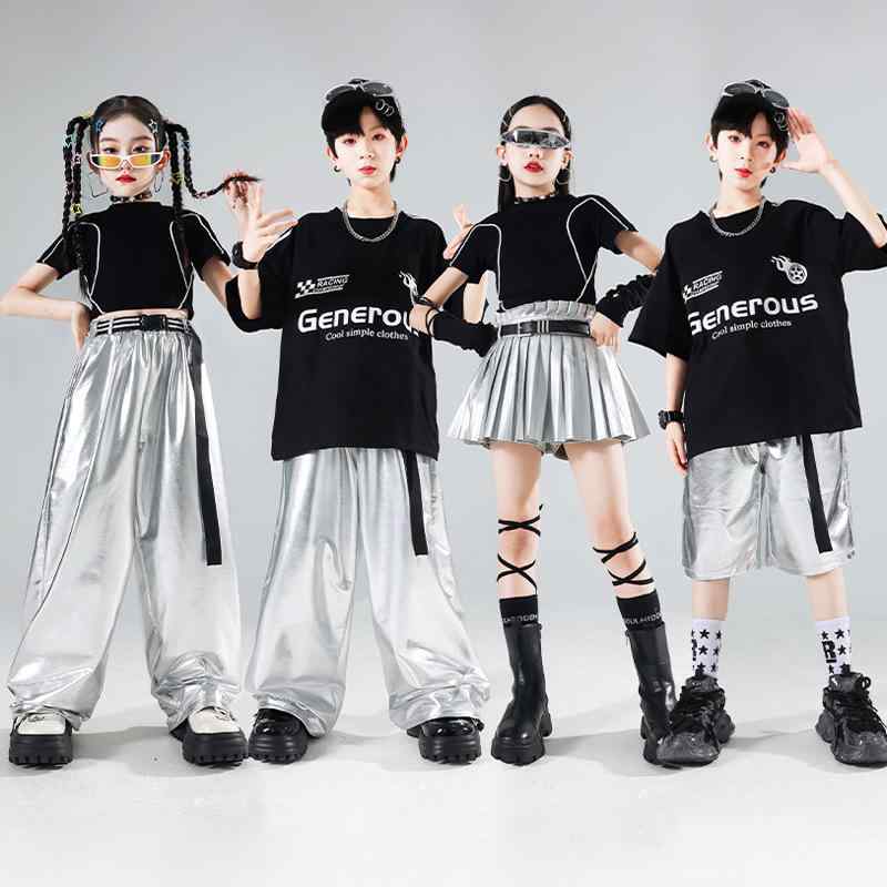 キッズ 男の子 女の子 ダンス衣装 ヒップホップ ストリート ジャズ ステージ衣装 発表会 練習着 メタリック シルバー フェイクレザー セットアップ 上下セット トレンド 春秋