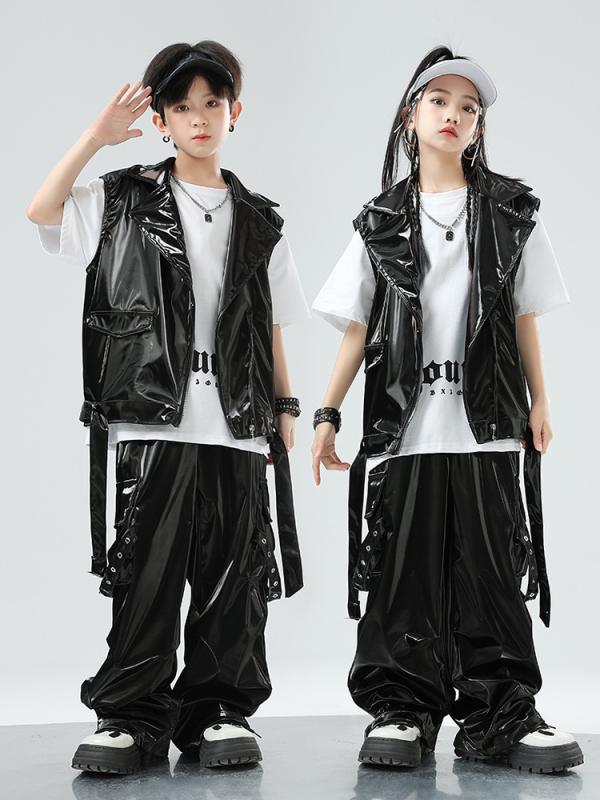キッズ ダンスウェア 男の子 女の子 ジュニア ヒップホップ ストリート ジャズ 発表会 ステージ衣装 ブラック 黒 フェイクレザー 合皮 ベスト ロングパンツ セットアップ ポリエステル クール かっこいい