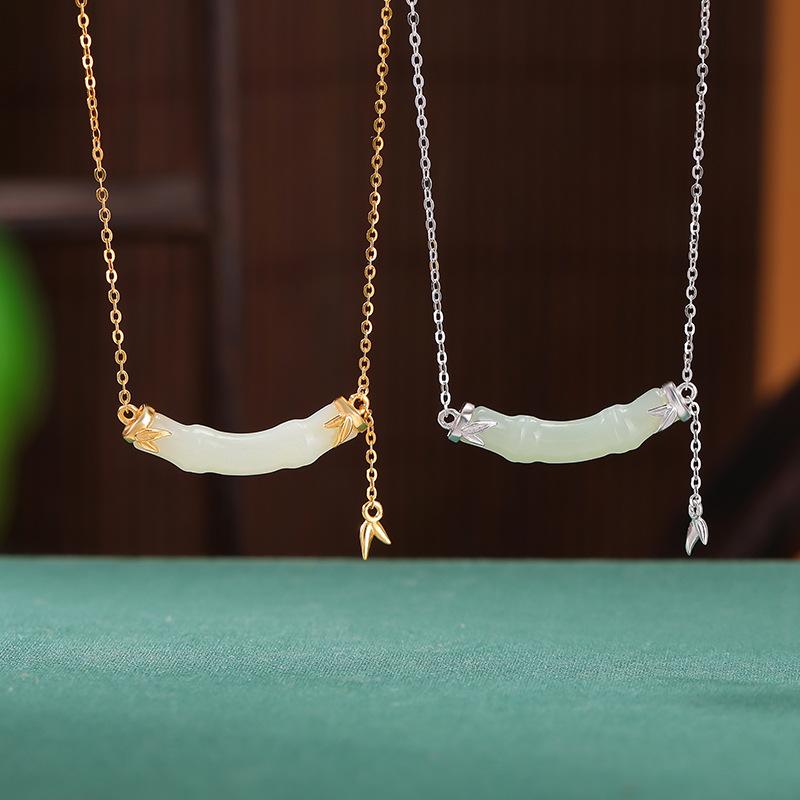ネックレス レディース 925純銀製 金メッキ 和田玉 レトロ調 アンティーク風 竹モチーフ 彫刻 O字チェーン ペンダント 上品 エレガント かわいい 縁起物 開運 和風