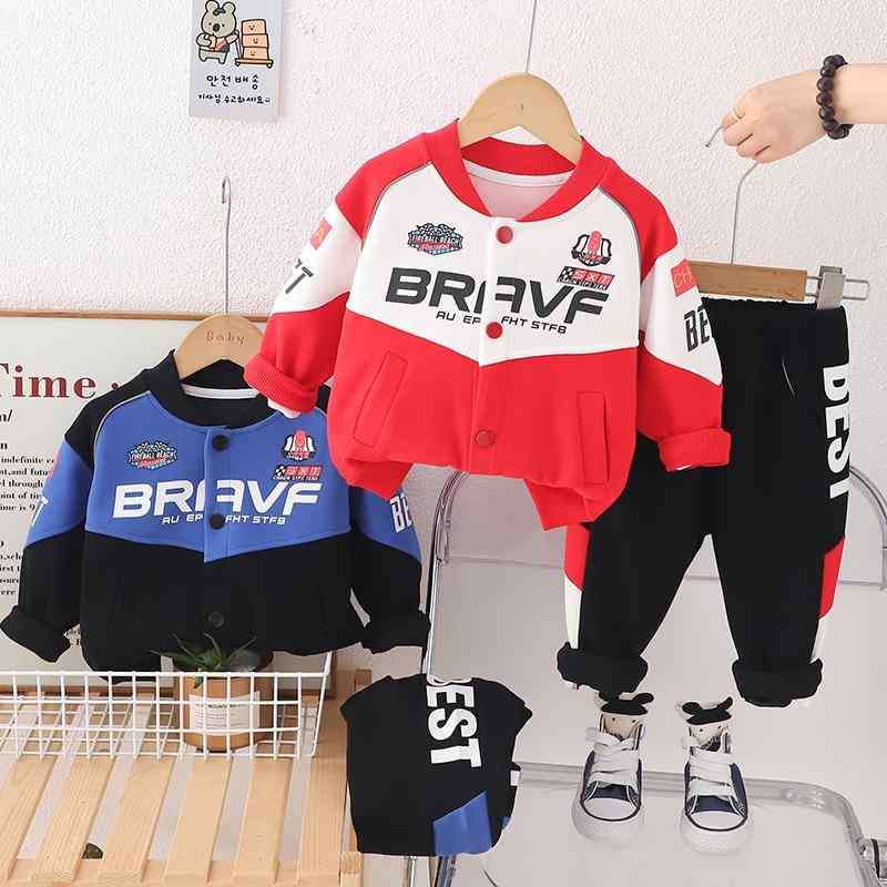 キッズ 男の子 セットアップ 上下2点セット 長袖 ロングパンツ 韓国風 トレンド ストリート系 ライダース風 アルファベットプリント おしゃれ クール カジュアル 普段使い 綿 春秋 ブラック