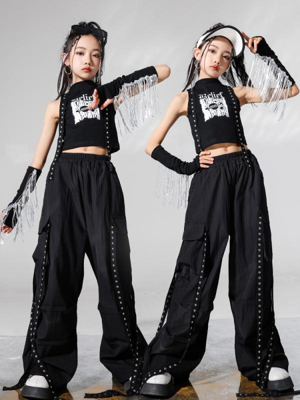 ダンス衣装 キッズ ガールズ ジャズダンス ヒップホップ ストリートダンス パンク風 クール ショート丈 クロップド丈 トップス 長ズボン セットアップ 発表会 ステージ 練習着 綿
