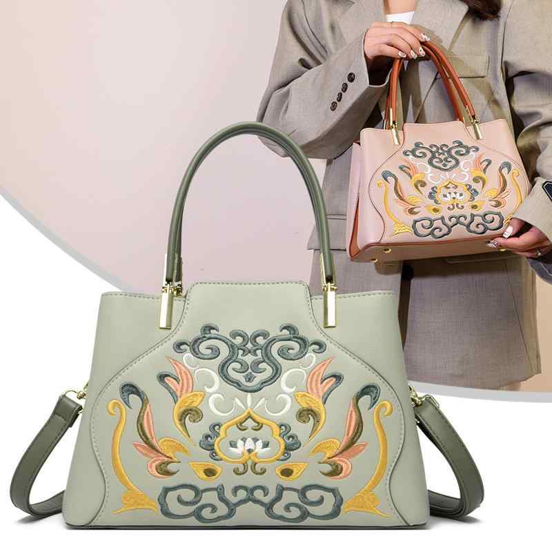 バッグ レディース 女性用 トートバッグ ショルダーバッグ ハンドバッグ 大容量 高級感 刺繍 オリエンタルスタイル 縦型 スクエア PUレザー マザーズバッグ デイリーユース 通勤 春夏