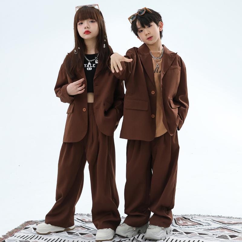 ダンス衣装 キッズ 男の子 女の子 ストリート ヒップホップ ジャズダンス スーツ セットアップ 発表会 舞台衣装 パフォーマンス コットン ブラウン 春秋