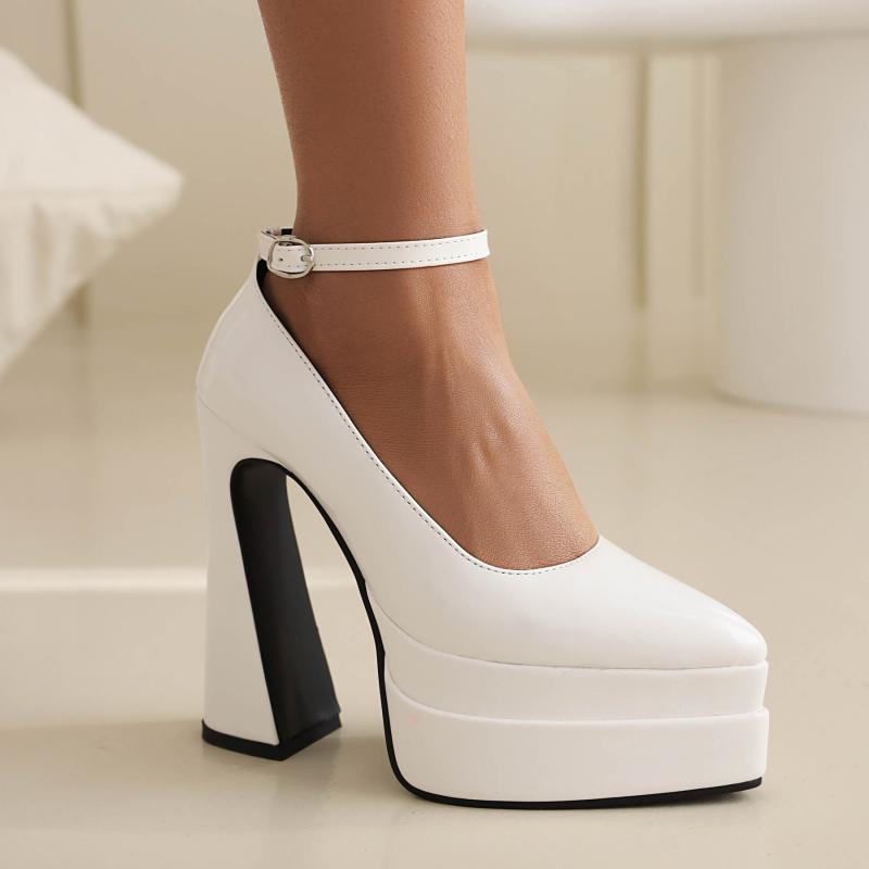 パンプス レディース 女性用 ポインテッドトゥ チャンキーヒール バックルストラップ 結婚式 パーティー PUレザー ブラック ホワイト ローズ 安定感 脚長効果 春夏秋