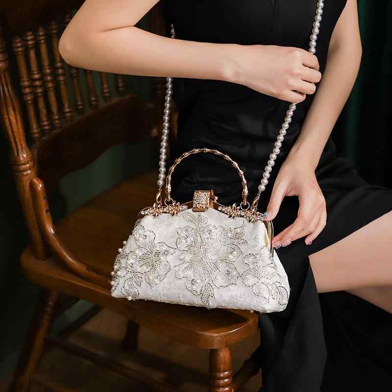 バッグ パール ビーズ刺繍 メタルロック 竹節デザイン シェル型 コットン 手提げ クラッチ チェーンショルダー レトロ フォーマル 結婚式 パーティー 宴会 チャイナドレス デイリーユース