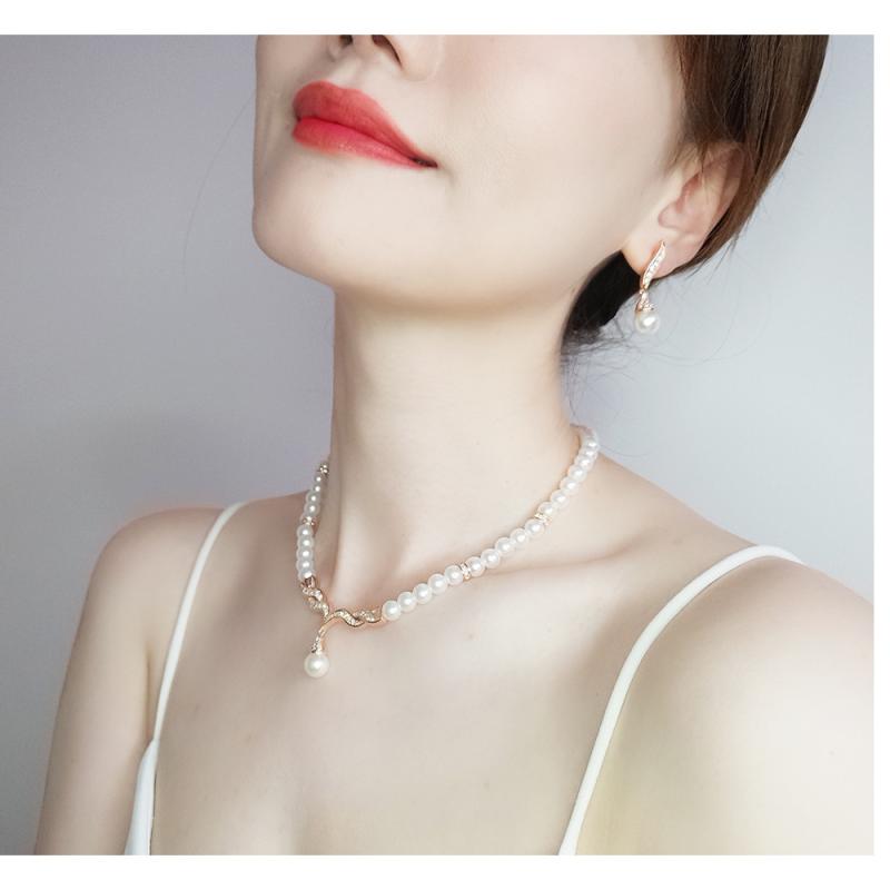 アクセサリーセット レディース ネックレス イヤリング 2点セット フェイクパール クラシック レトロ 合金製 電気メッキ加工 ボールチェーン ゴールド シルバー 上品 普段使い お出かけ