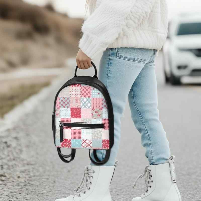 リュックサック 女の子 キッズ 春夏 キューブ柄 ブロック柄 バックパック PU素材 ファスナー式 ソフトタイプ 通学 普段使い 鞄 デイパック