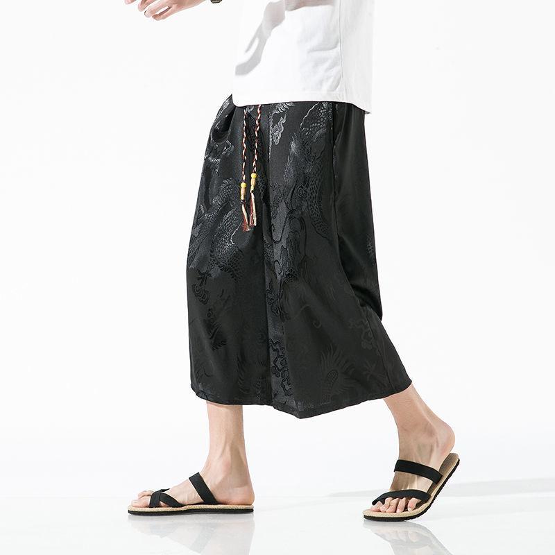 パンツ メンズ 男性用 夏物 接触冷感 ポリエステル 龍柄 地模様 薄手 ゆったり 大きいサイズ ハイウエスト ドローストリング ウエストゴム ストレート ビーチ 普段使い カジュアル ホワイト ブラック 七分丈