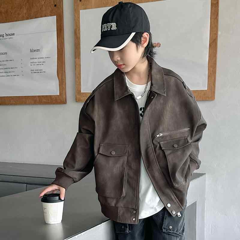 ジャケット 男の子 ジュニア キッズ PUレザー ストリート 春秋 韓国風 長袖 フードなし ミドル丈 ブラウン カジュアル ブルゾン 合皮 ワイルド クール ソフトタッチ