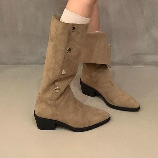 ブーツ レディース 個性的 レトロ ウエスタン カウボーイ ロングブーツ ミドル丈 クシュクシュ ハイヒール チャンキーヒール ポインテッドトゥ 合成皮革 フェイクレザー 春秋 ファッション カーキ