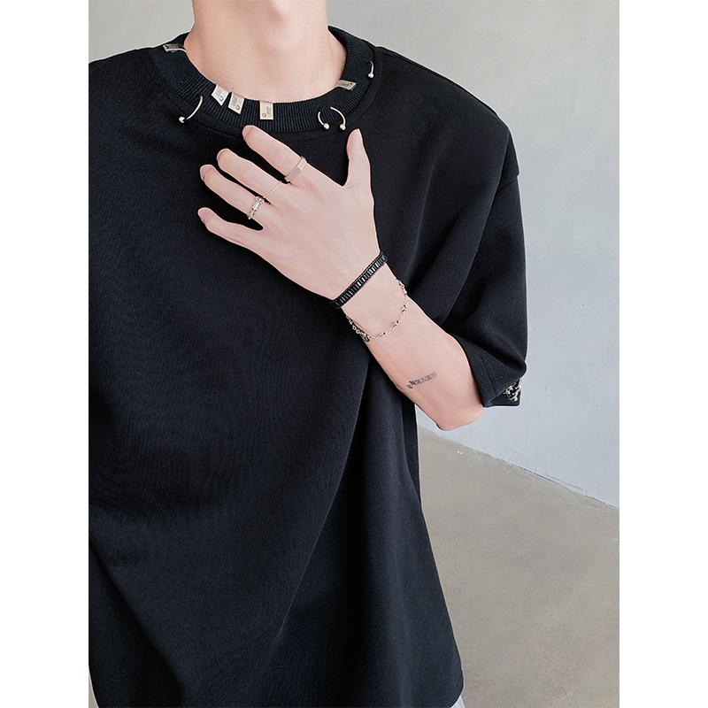 Tシャツ レディース オーバーサイズ デザイナーズ メタルスタッズ24個付き パッドショルダー 半袖 クルーネック 伸縮性 春夏 トップス 大人カジュアル ホワイト ブラック
