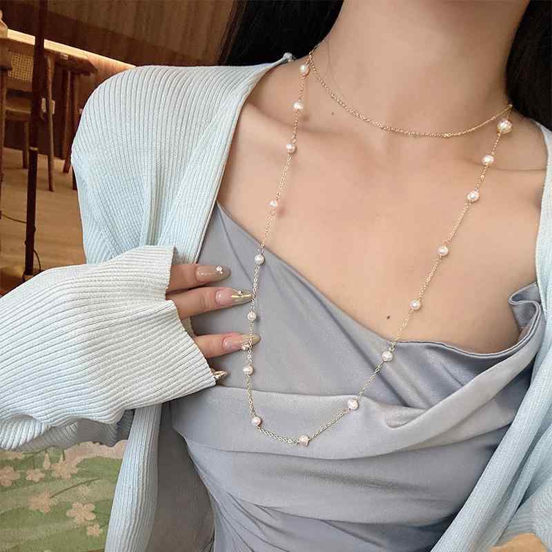 ネックレス レディース 女性用 天然パール 天然パール ロング丈 セーターチェーン アクセサリー 高級感 エレガント 上品 幾何型 高見え 普段使い パーティー フォーマル カジュアル チェーン シンプル