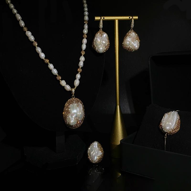 ジュエリーセット レディース 天然 バロックパール ネックレス 指輪 ブレスレット ピアス 自然形 ハート 上品 エレガント 高見え ブラウン ロング カジュアル フォーマル 普段使い