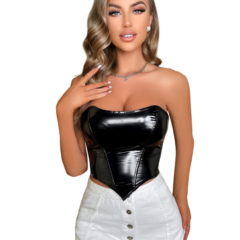 コルセット レディース 女性用 PUレザー フェイクレザー バックレス チューブトップ ベアトップ ハートシェイプ ウエストシェイプ スタイルアップ くびれ効果 セクシー トップス 黒 ブラック