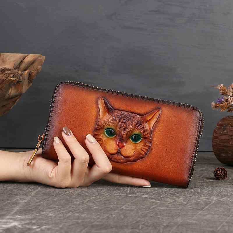 長財布 レディース 本革 牛革 トップグレインレザー 猫 型押し 大容量カードポケット ラウンドファスナー クラッチウォレット 個性的 かわいい 耐久性 普段使い デイリーユース ブラウン系 グレー