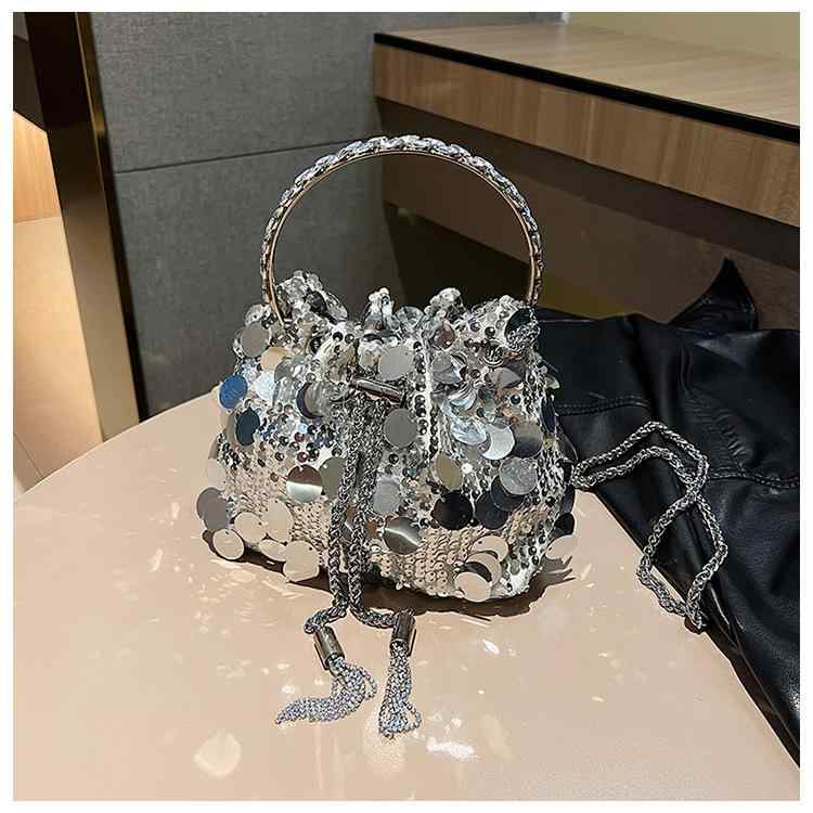バッグ レディース 高級感 PUレザー フェイクレザー 合皮 メタルフリンジ スパンコール パーティー イブニング 結婚式 お呼ばれ バケット 手提げ 斜め掛け ショルダーバッグ 鞄 多色展開