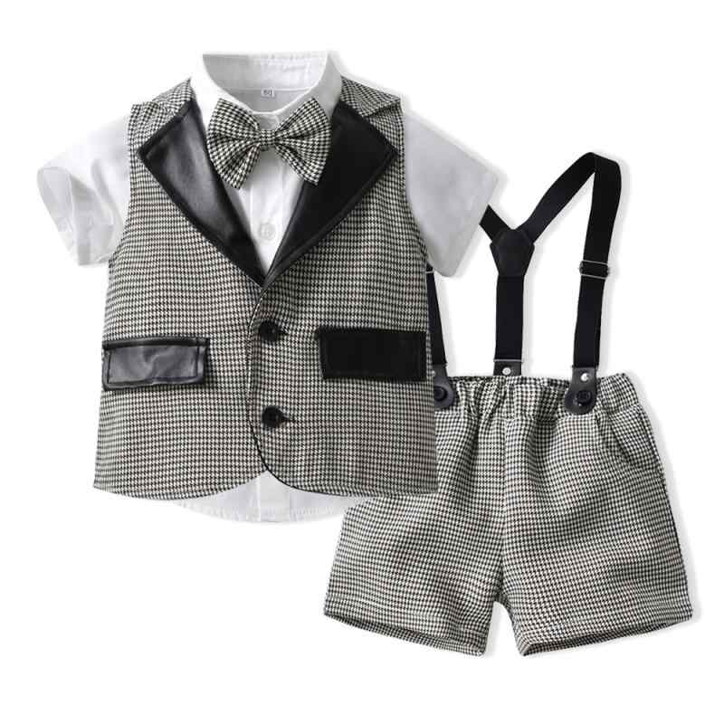 キッズ 男の子 セットアップ 欧米風 カジュアル 春夏 半袖 綿 コットン シャツ ワイシャツ レザー襟 ジレ ベスト サスペンダー ショートパンツ 短パン 三点セット