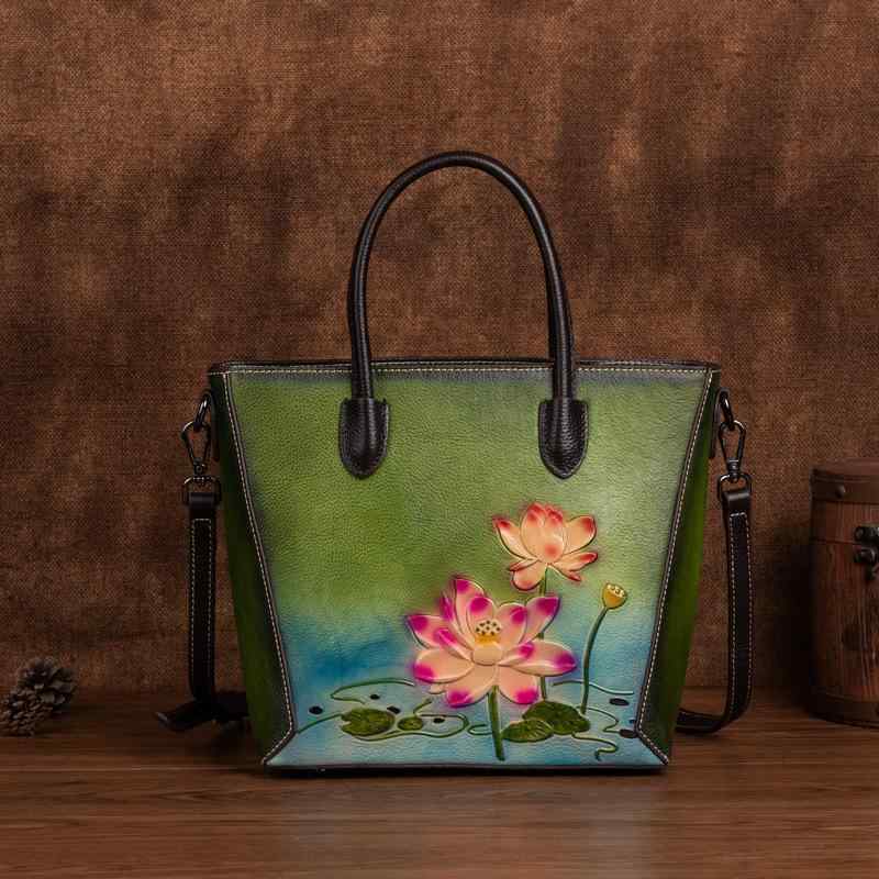 バッグ レディース 女性用 本革 牛革 上質 レトロ クラシック 和風 オリエンタル マザーバッグ シェル型 ハンドバッグ ファスナー開閉 ミディアムサイズ 花柄 デイリーユース