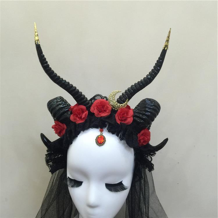 カチューシャ 男女兼用 魔女 闇の角 スカル 羊角 ゴシック 薔薇 ハロウィン コスプレ 仮装 ヘッドドレス イベント パーティー ダークレッド