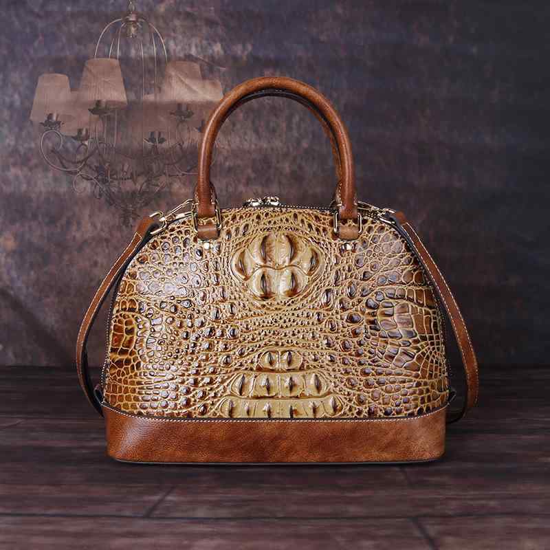 バッグ レディース 女性用 本革 牛革 レトロ ヴィンテージ加工 クロコダイル柄 ワニ型押し シェル型 貝殻型 手提げ ハンドバッグ 肩掛け ショルダーバッグ 斜め掛け クロスボディバッグ