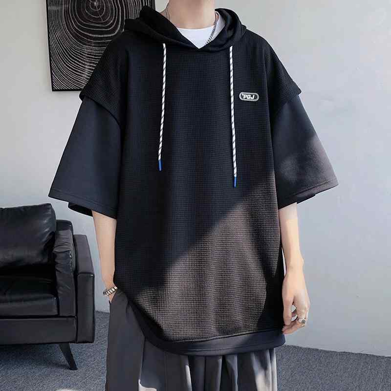 Tシャツ メンズ 男性 春夏 ポリエステル ワッフル フード付き スリット 半袖 五分袖 ビッグシルエット ゆったり フェイクレイヤード 切り替え スポーツ カジュアル 普段使い リラックス ルームウェア トップス