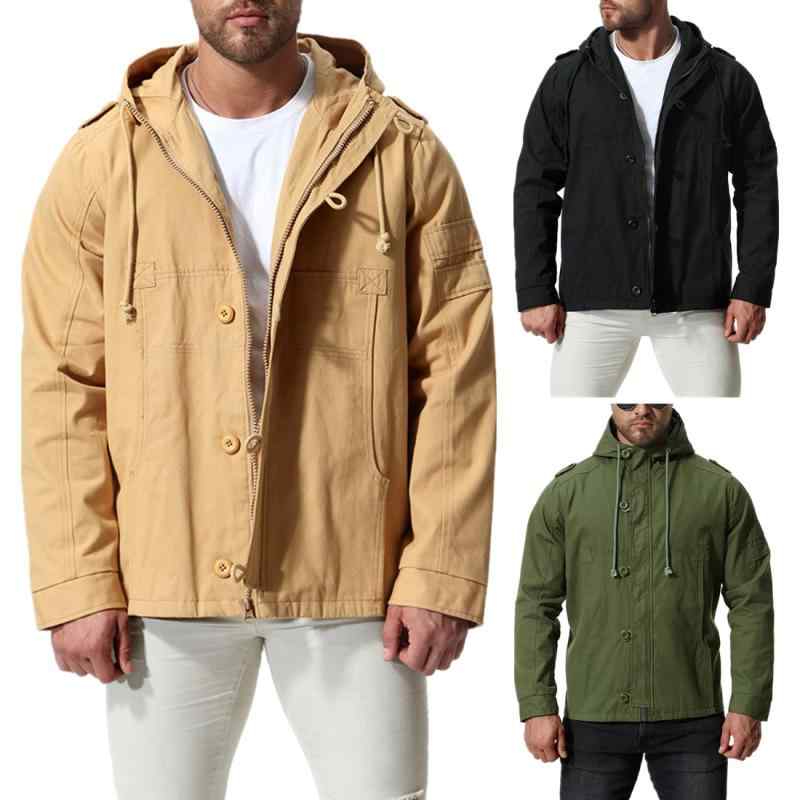 ジャケット メンズ 男性用 フード付き ジップアップ ビッグシルエット ゆったり コットン 綿 アウター ブルゾン ジャンパー 長袖 秋冬 カジュアル 普段使い 無地 ミドル丈 ブラック カーキ