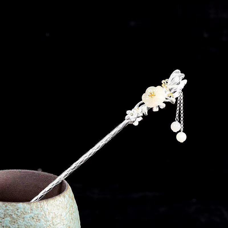 簪 かんざし S925銀製 蝶 梅 タッセル付き 上品 古典風 レトロ 和装 中華風 ヘアアクセサリー 髪飾り
