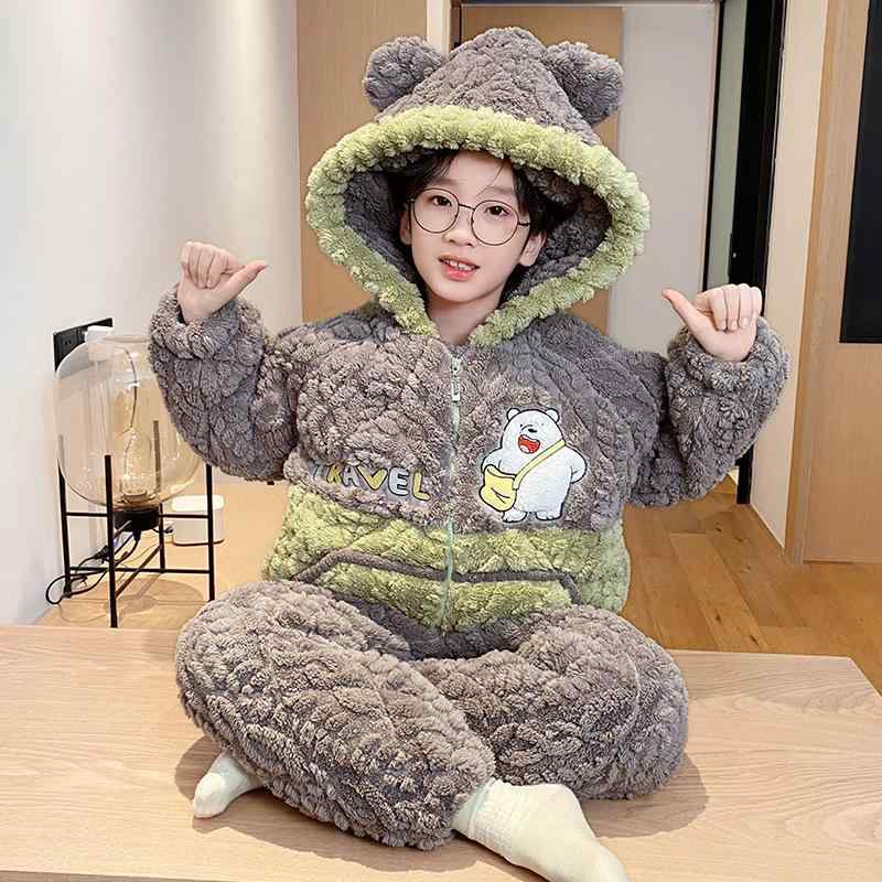 パジャマ 男の子 キッズ ジュニア フード付き 中綿 キルティング 三層構造 極厚 裏起毛 保温 ポリエステル 上下セット 秋冬 ルームウェア 部屋着