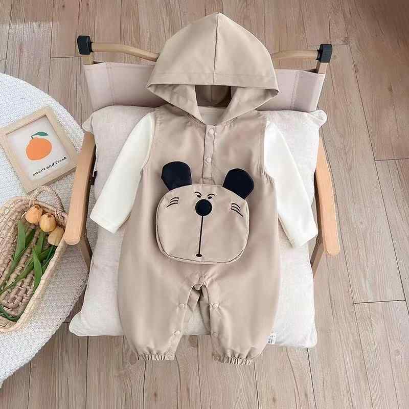 セットアップ 乳幼児 男の子 春秋 フード付き ベスト ロングパンツ ワークテイスト クマ柄 ポケット付き 綿 カジュアル 普段使い お出かけ かわいい 2ピース ブラウン