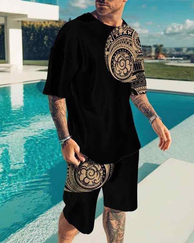 メンズカジュアルセットアップ 3Dプリント柄 クルーネック 半袖Tシャツ ハーフパンツ 夏 ストリートファッション 普段着 デイリーユース リラックスウェア ポリエステル素材 軽量 速乾性 快適
