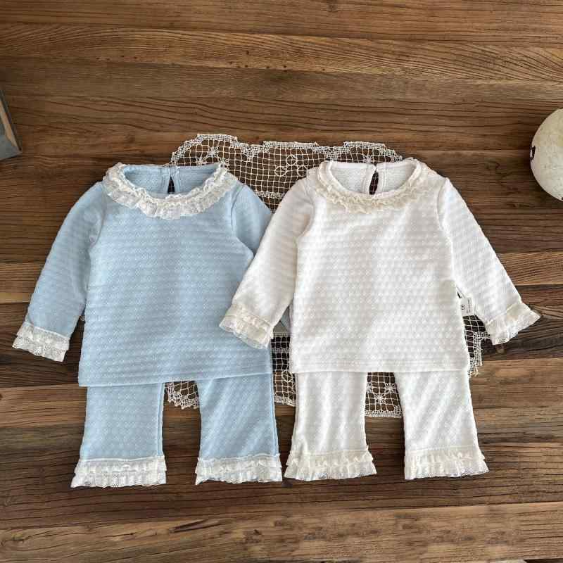 ベビー服 女の子 秋冬 韓国風 フリル襟 メロウフリルネック 長袖トップス フレアパンツ ベルボトム かわいい ガーリー 上下セット 2点セット コットン 綿素材