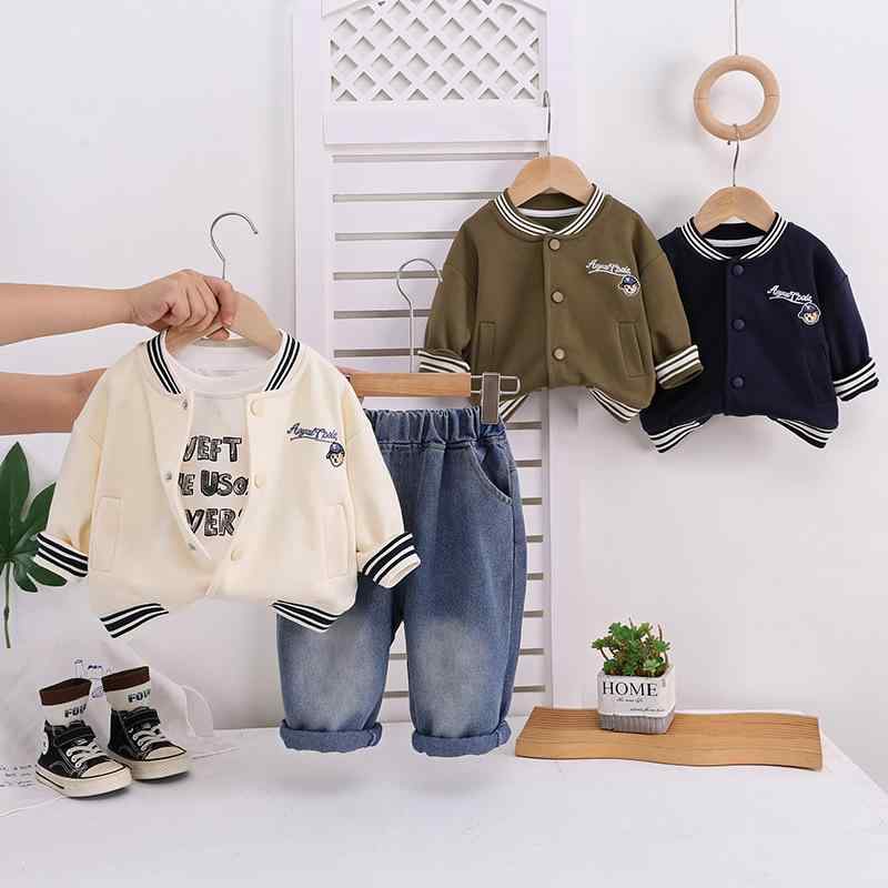 ベビー服 男の子 赤ちゃん 幼児 春秋 長袖 コットン 小熊刺繍 くま柄 ベースボールウェア スタジャン ジャケット ロングパンツ 3点セット 韓国子供服 オルチャンファッション