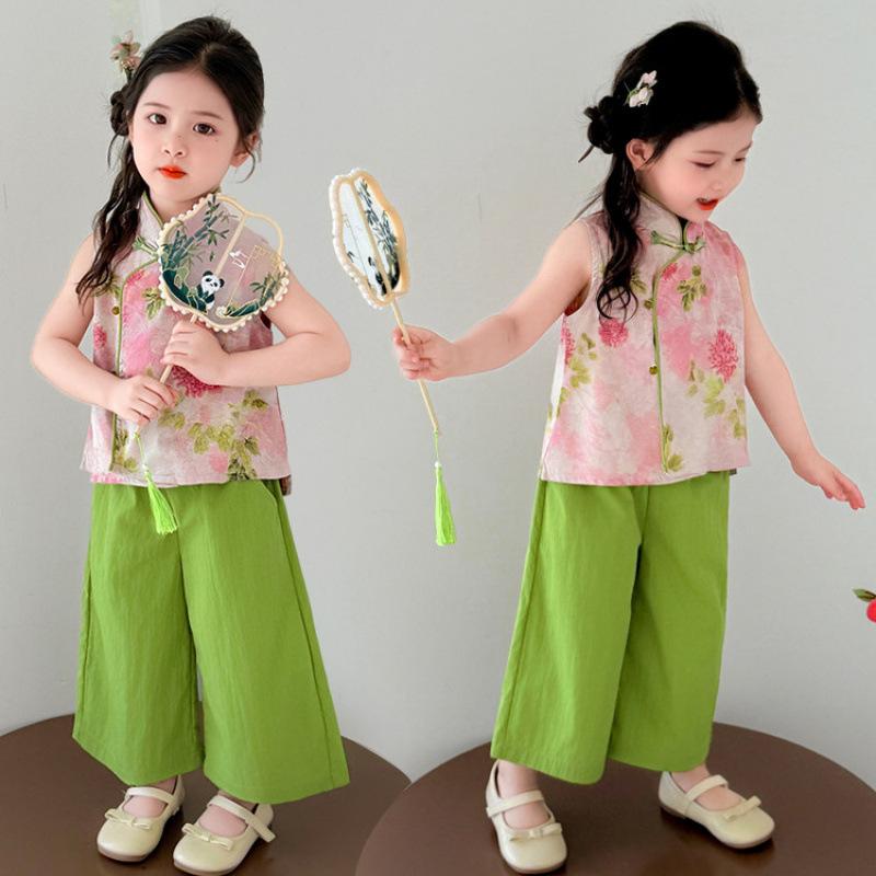 セットアップ ガールズ キッズ 新中華風 漢服風 おしゃれ ノースリーブ プルオーバー 綿 薄手 9分丈パンツ 柔らか加工 夏用 普段着 カジュアル 2点セット