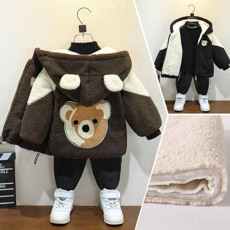 ジャケット 男の子 キッズ 裏起毛 フリース もこもこ 中綿入り フード付き パーカー 厚手 防寒 保温 秋冬 かわいい キャラクター カジュアル ジップアップ ポリエステル ブラック ブラウン
