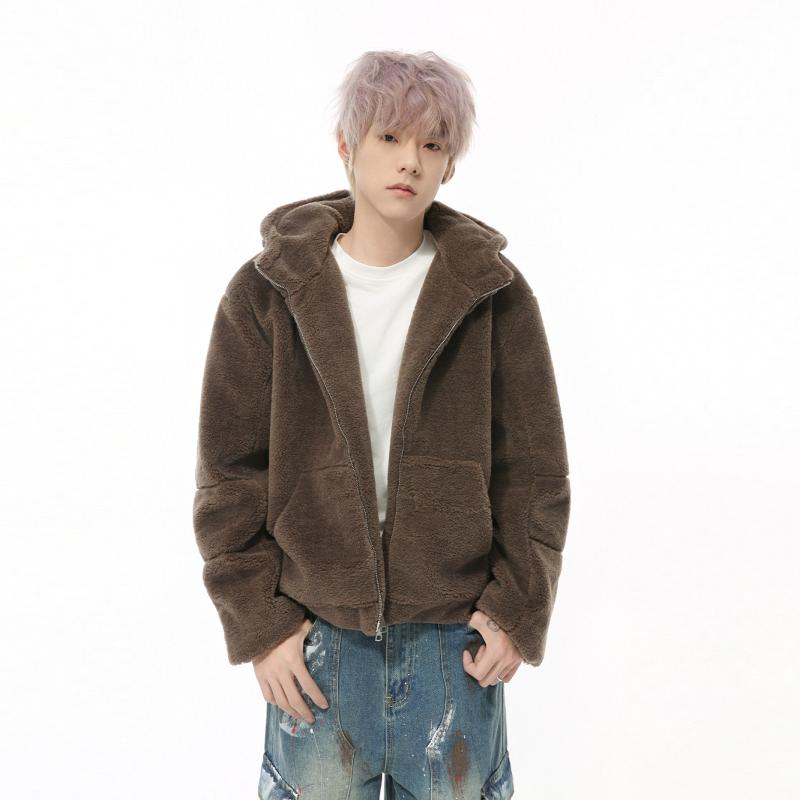 ジャケット メンズ 男性用 フリース ボア フード付き ジップアップ ショート丈 保温性 暖かい 防寒 ゆったり ルーズフィット アウター ポリエステル 混紡 秋冬 普段使い カジュアル 韓国風 ブラウン