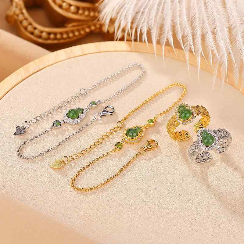 指輪 ブレスレット セット 女性用 S925純銀製 金メッキ 和田玉 碧玉 翡翠 瓢箪モチーフ 編み込みデザイン 高級感 上品 エレガント 普段使い オフィス デート おしゃれ|あじゅり
