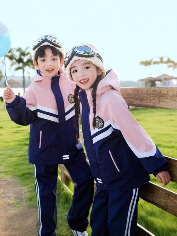 スクールウェア キッズ 子供 男女兼用 園児 小学生 三点セット セットアップ 上下セット 長袖 パンツ 学生服 幼稚園 制服 通学 通園 運動会 カレッジ風 綿混 ソフト 春秋物 ファスナー