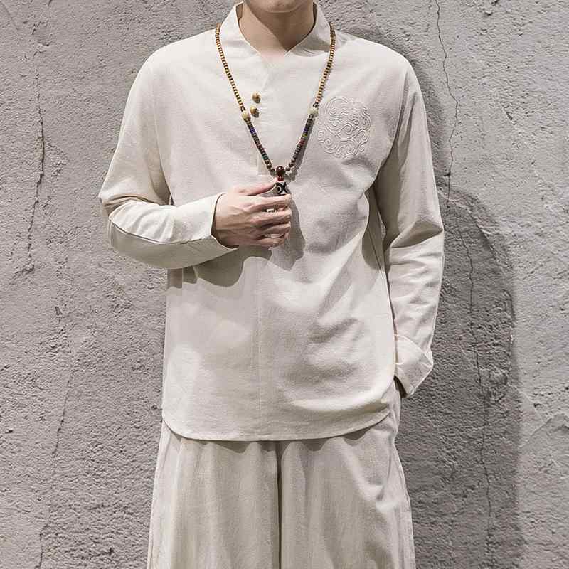 セットアップ メンズ チャイニーズスタイル 綿麻 2点セット 長袖Tシャツ ロングパンツ ゆったり リラックスフィット 刺繍 レトロ クラシック 中華風 カジュアル 普段使い ルームウェア 春秋