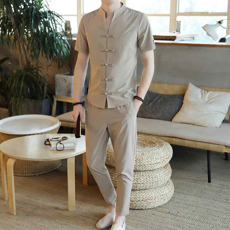 セットアップ メンズ 春夏 半袖 Tシャツ 九分丈パンツ 中国風 チャイナボタン レトロ 盤扣 薄手 軽量 カジュアル 普段使い リラックスウェア ナイロン混紡 上下セット