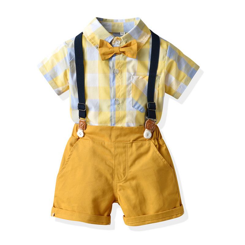 キッズ 男の子 幼児 小学生 春夏 韓国ファッション チェック柄 半袖シャツ サロペット ショートパンツ 2点セット セットアップ 綿 コットン 卒業式 発表会 入学式 セレモニー フォーマル カジュアル 普段着 柔らかい 肌触り
