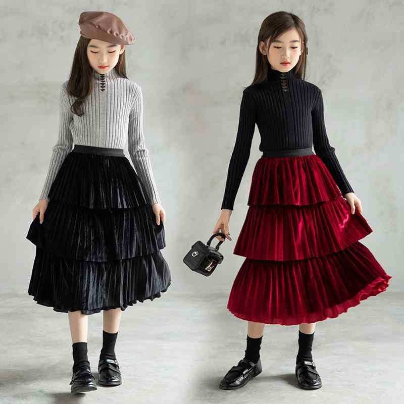 セットアップ キッズ ガールズ 韓国風 秋冬 2WAY ニット ティアード プリーツ スカート ベロア 厚手 起毛加工 柔らかい 普段使い 通園通学 お出かけ 2点セット