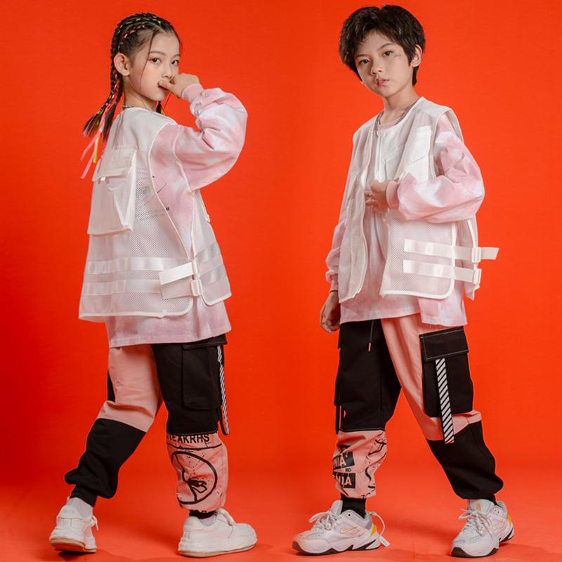 セットアップ キッズ 男の子 女の子 ダンスウェア ヒップホップ ストリートダンス パフォーマンス 衣装 発表会 舞台衣装 ベスト スウェット トップス ワークテイスト クール トレンド ファッション 綿混 スポーツ