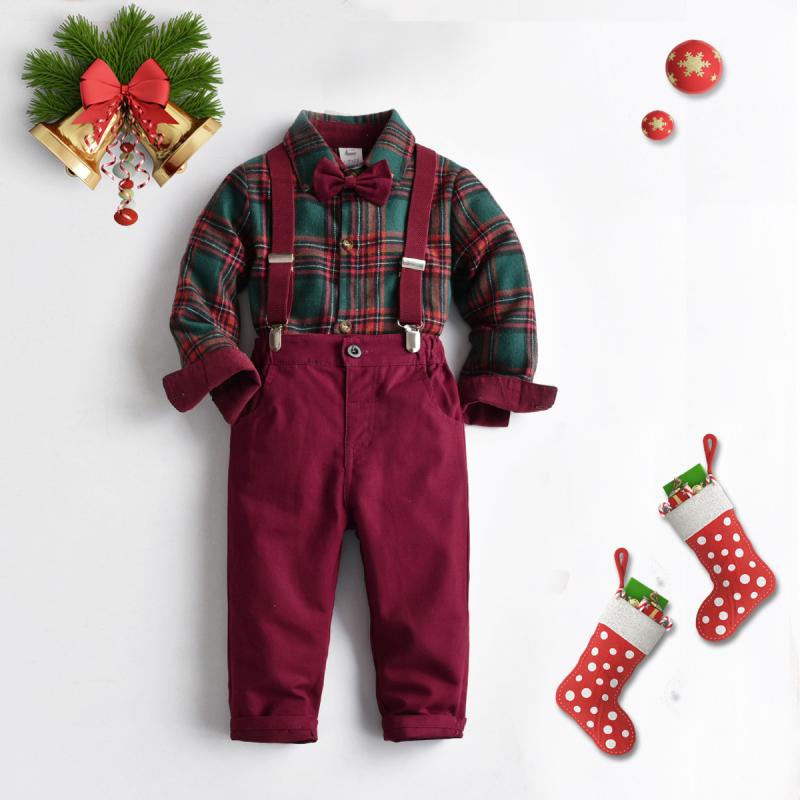 キッズセットアップ 男の子 長袖トップス 3点セット クリスマス チェック柄 サロペット 綿 肌触り柔らか 春秋 普段使い カジュアル ワインレッド