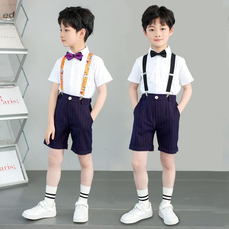 セットアップ 男の子 キッズ ストライプ柄 サロペット ショートパンツ 半袖シャツ 2点セット 綿 コットン フォーマル セレモニー 卒業式 入学式 発表会 結婚式 撮影 舞台衣装 夏