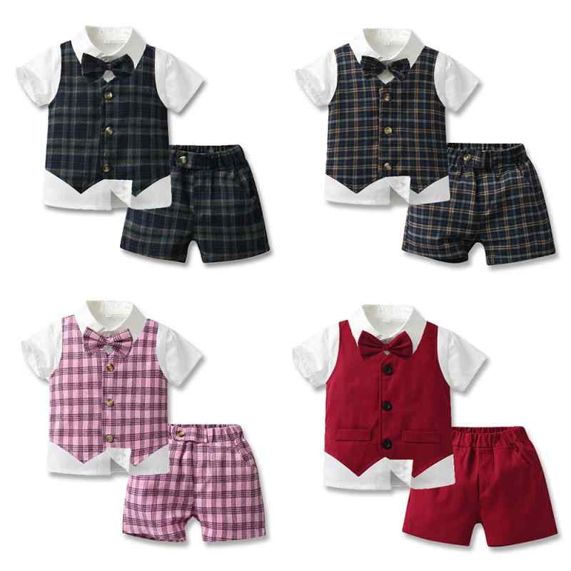 キッズ 男児 夏服 韓国風 レトロ チェック柄 ベスト ジレ ホワイト半袖シャツ 蝶ネクタイ ショートパンツ ハーフパンツ 三点セット コットン 肌触り快適 お出かけ フォーマル 発表会
